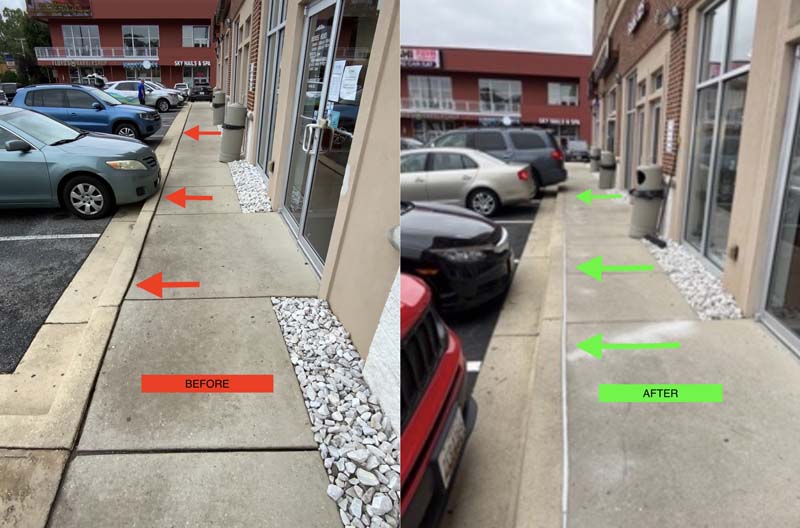 Before-and-after comparison of a commercial sidewalk restored with concrete leveling to eliminate uneven slabs and trip hazards in Brambleton, VA.