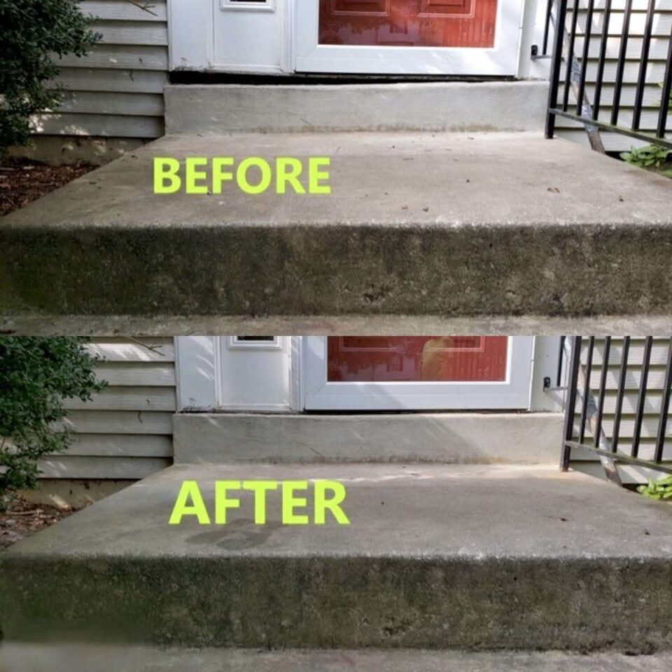 Before-and-after comparison showing a sunken concrete porch step restored to a level surface in Leesburg, VA Homes
