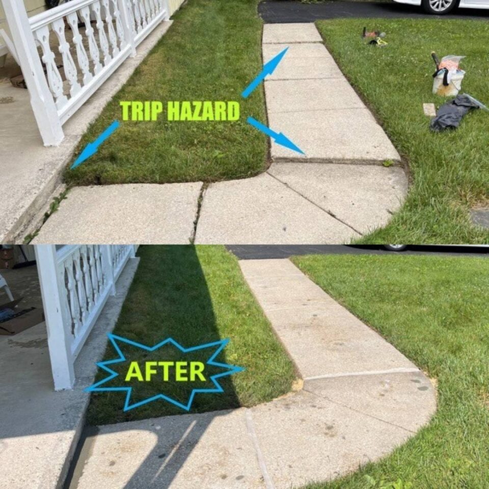 Before-and-after comparison of a raised sidewalk eliminating a dangerous trip hazard in Ashburn, VA Homes